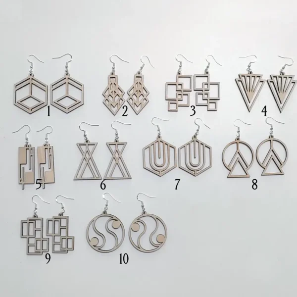 Bo 01, boucles d'oreilles en bois, boucle d'oreilles géométriques, jp laser art, 1