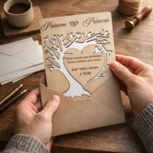 Faire-parts en bois personnalisés avec enveloppes