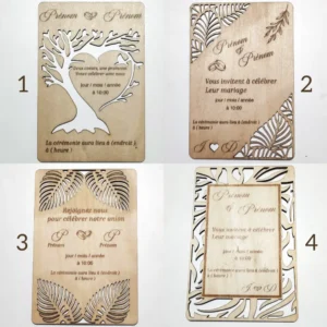 Faire-parts en bois personnalisés avec enveloppes