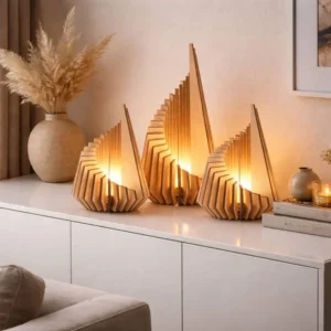 Photophore design en bois. Modèle  » Lignes de lumière « 